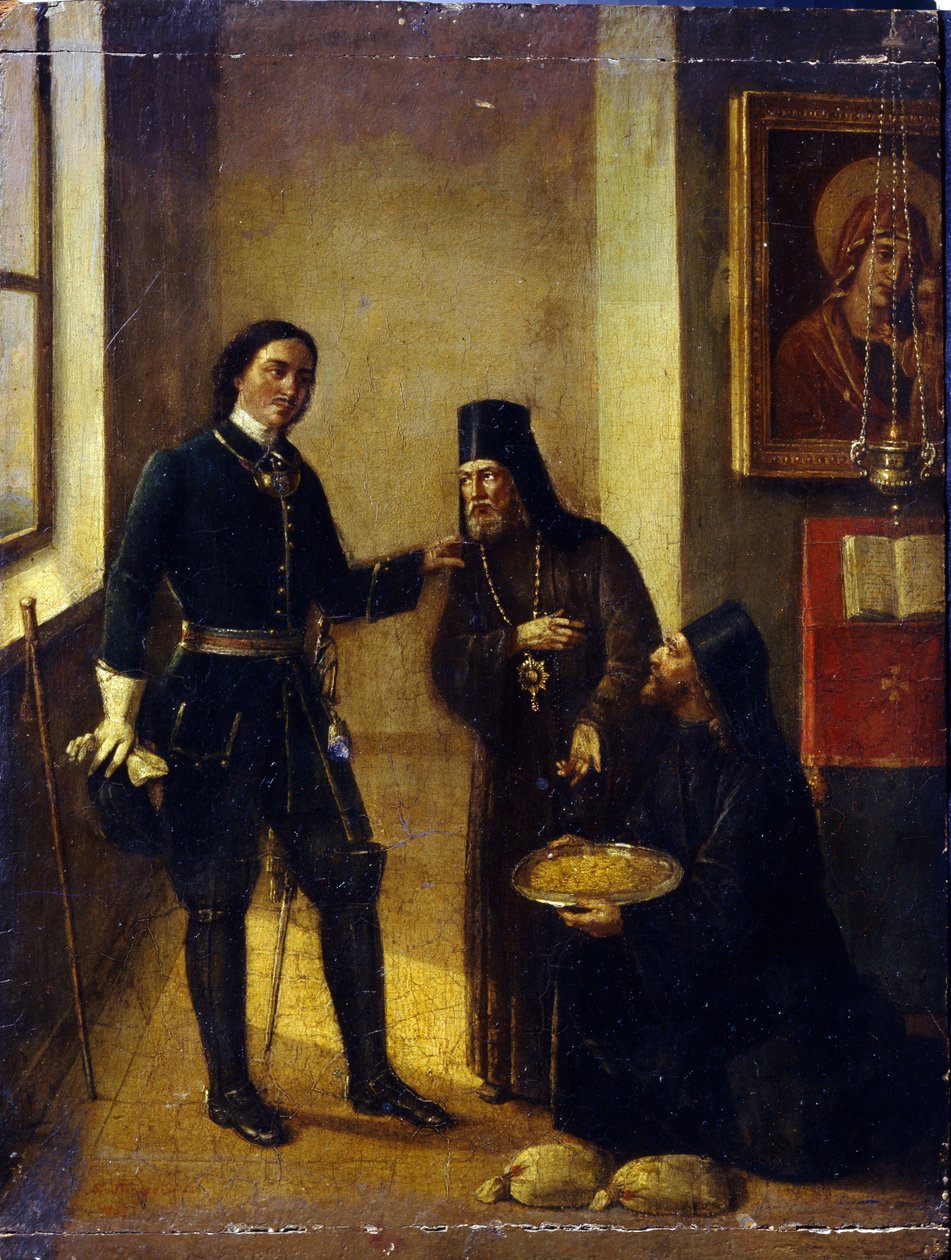 Biskop Mitrophan av Voronezh donerade till Peter I för konstruktionen av Azovflottan 1696 av Mikhail Ivanovich Terebenev