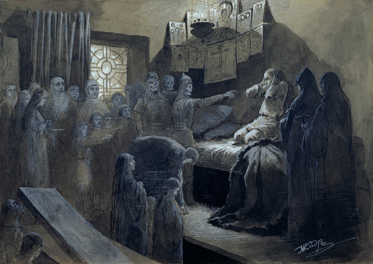 Ivan IV (1530-84) den frygtelige besøgt af spøgelserne fra dem han myrdede (pen og blæk med kropsfarve på papir) av Mikhail Konstantinovich Klodt