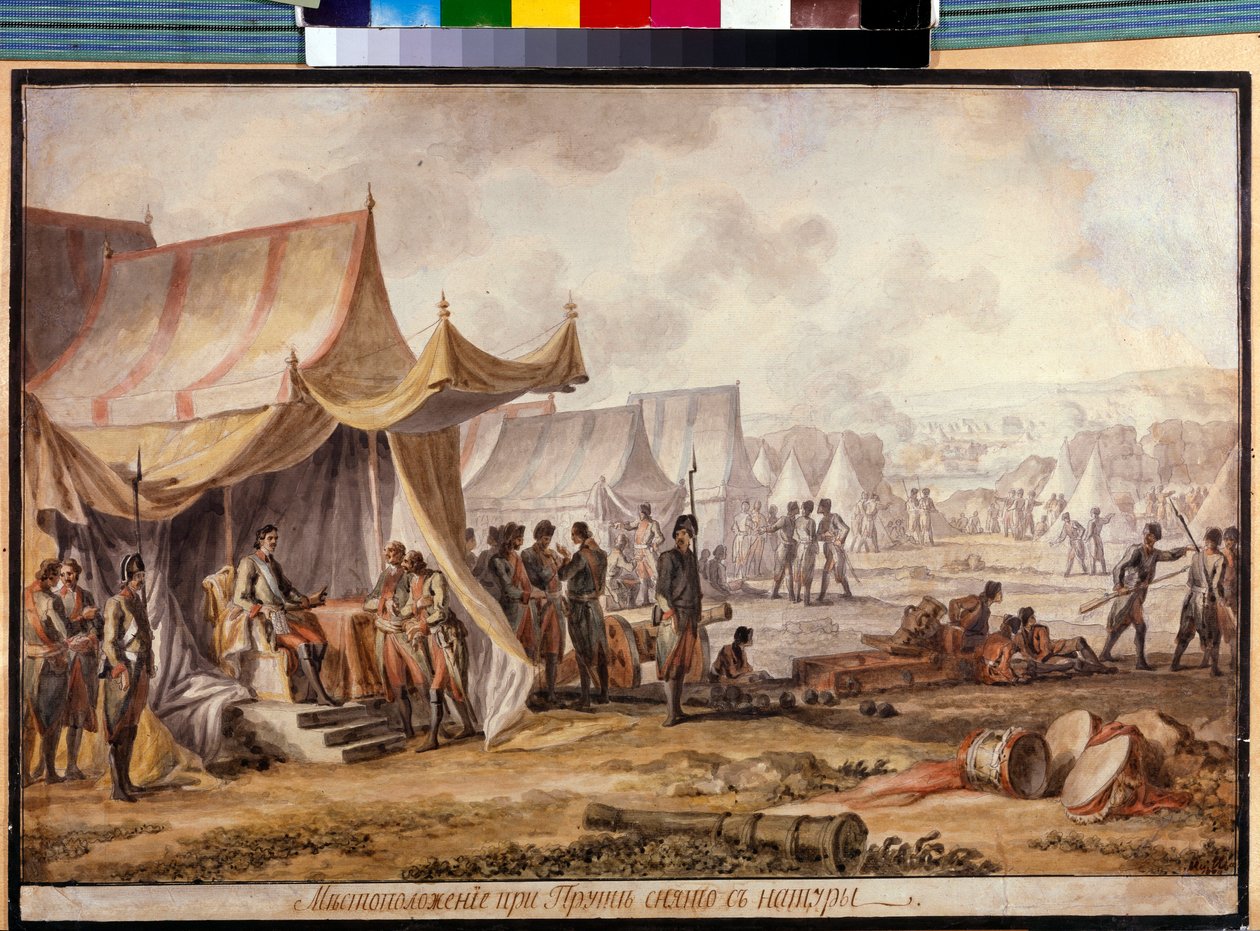 Stora norra kriget - Rysk-turkiska kriget 1710-1711: Peter I av Ryssland (Peter den store) (1672-1725) vid floden Prout (Prut) under undertecknandet av Proutfördraget i juli 1711 med den osmanska armén - Verk av Mikhail Matveevich Ivanov (174 av Mikhail Matveevich Ivanov
