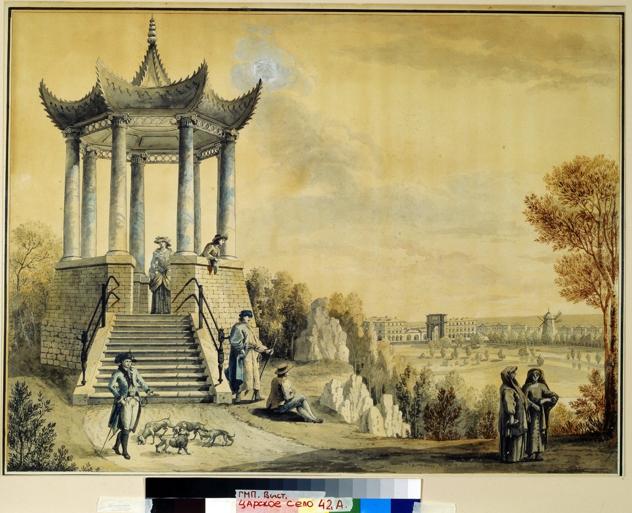 Grand Caprice-paviljongen i Catherine Park i Tsarkoye Selo. Verk av Mikhail Matveevich Ivanov (1758-1823), akvarell och krita på papper, sent 1700-tal. Rysk konst från 1700-talet. Ins av Mikhail Matveevich Ivanov