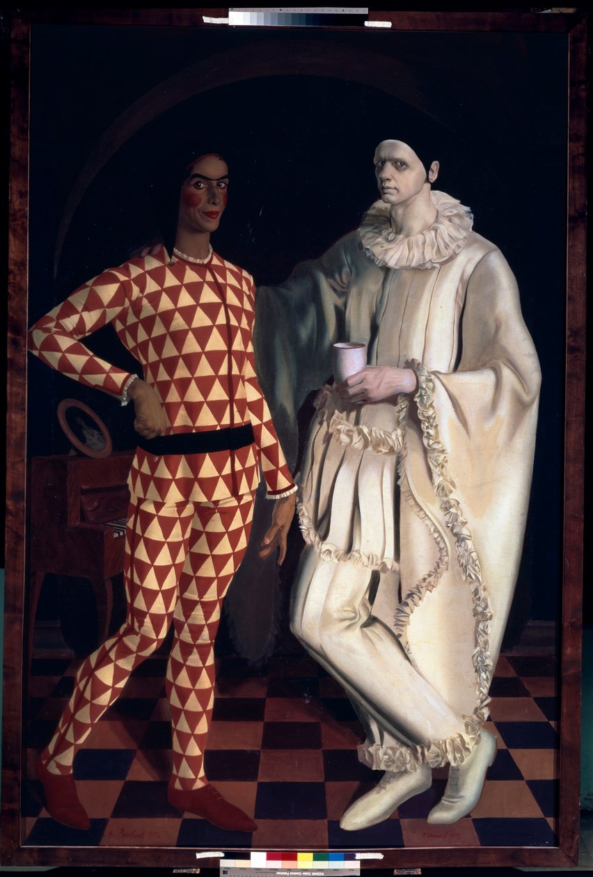 Harlequin and Pierrot (Självporträtt, i kostymer från Comedia dell Arte) - Harlequin and Pierrot (Självporträtt) - Målning av Alexander Yevgenyevich Yakovlev (Alexandre Iacovleff) (1887-1938), olja på duk av Mikhail Nikolayevich Yakovlev