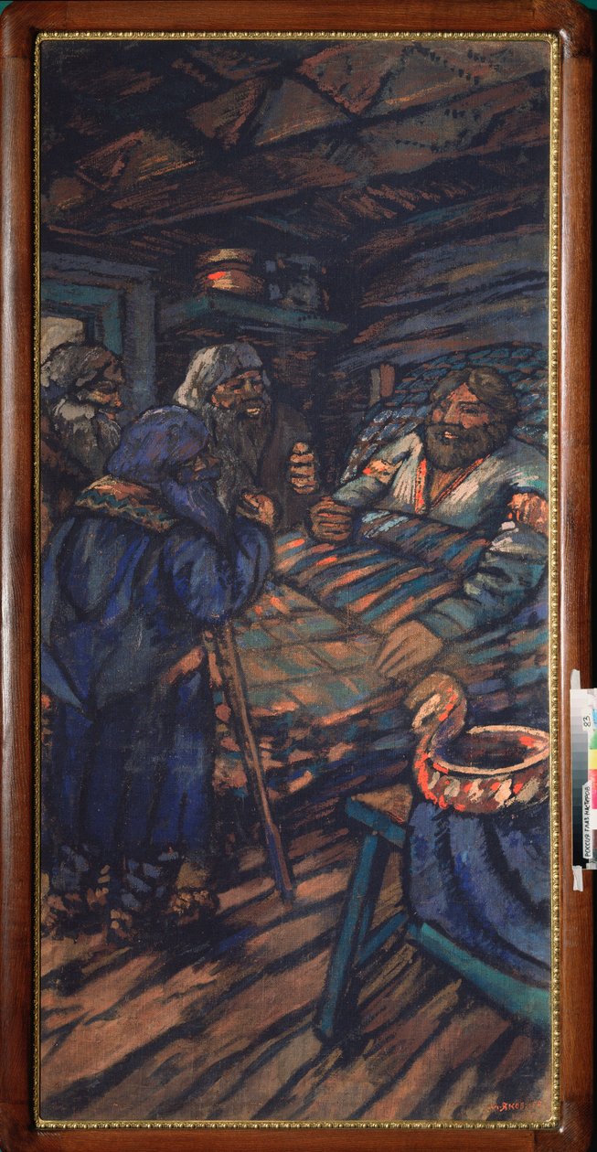 Storhertigen Vladimir I Svyatoslavichs bröllop (känd som den stora eller röda solen, 958-1015) (The bröllop av storhertigen Vladimir I Svyatoslavich) Vladimir alite är omgiven av tre gamla män - Målning av Mikhail Nikolayevich Yakovlev (1880- 1942), olja av Mikhail Nikolayevich Yakovlev