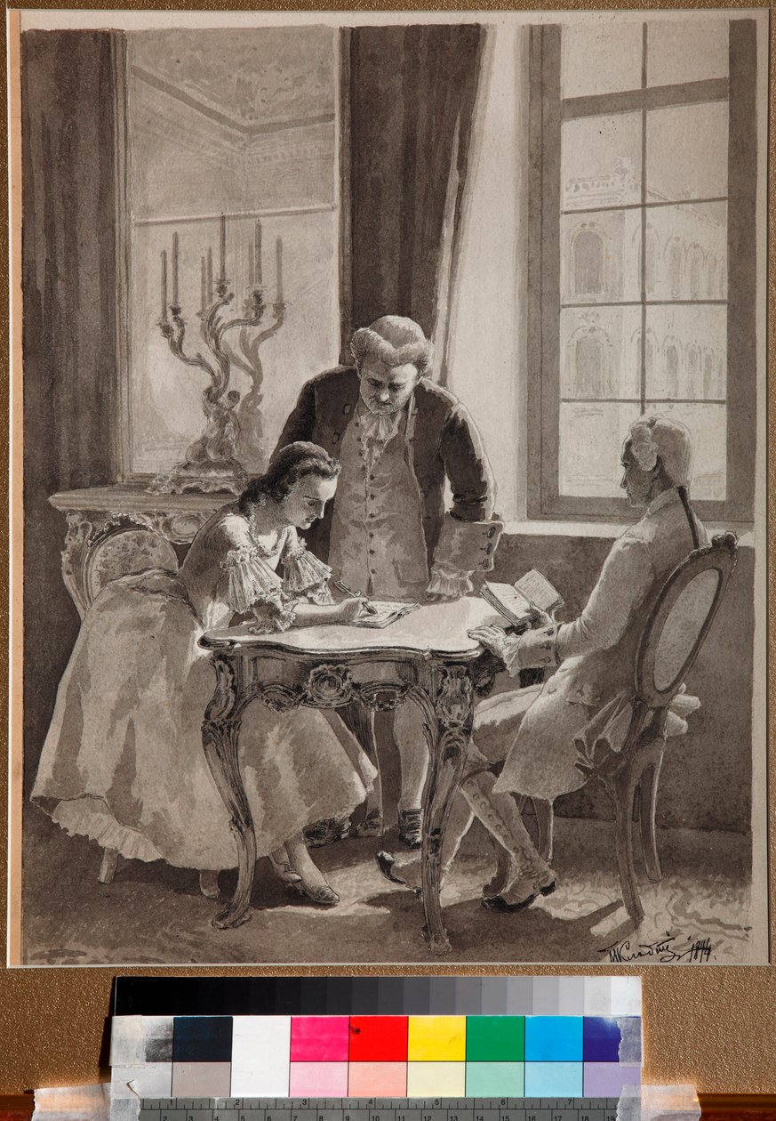 ""Kejsarinnan Katarina II:s ryska språklektion (1729-1796)" (Lektion av kejsarinnan Katarina II:s ryska) Penna- och bläckteckning av Mikhail Klodt (1835-1914) av Mikhail Petrovich Klodt