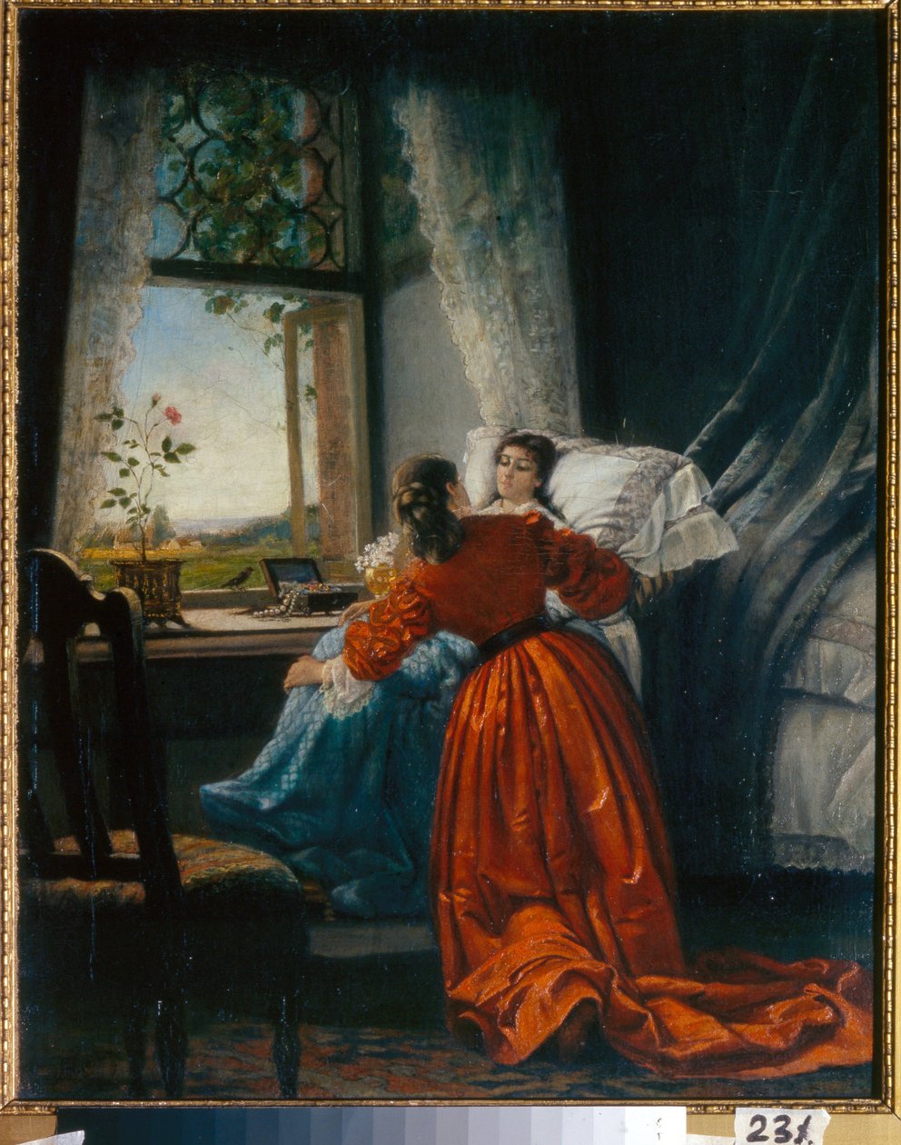 Besöket hos de sjuka (Visiting the Sick) en kvinna stoppar in en liten flicka i ett säte, installerat nära fönstret - Målning av Mikhail Petrovich, Baron Klodt (1835-1914), olja på koppar av Mikhail Petrovich Klodt