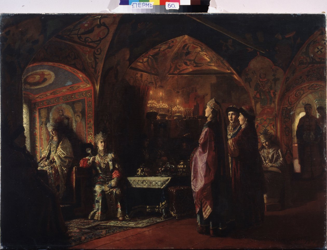 Tsarinas boning (Tsarevnas boning). Komposition på temat gamla Ryssland, traditionell dräkt och dekoration av furstendömet Moskva. Målning av baron Mikhail Petrovich Klodt (1835-1914), olja på duk av Mikhail Petrovich Klodt