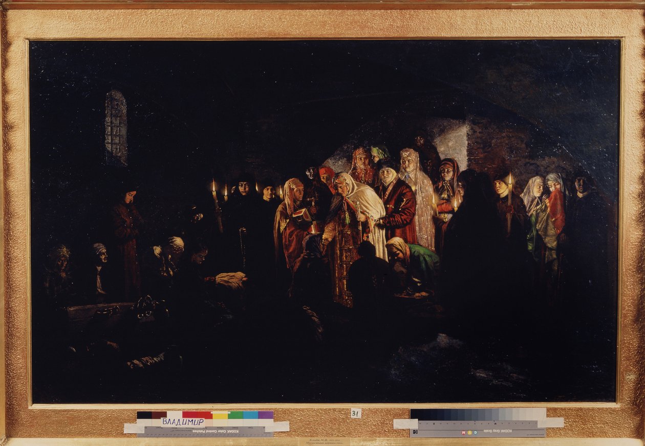 Kejsarinnan Giving Alms (Empress Giving Alms). Tsarinan, omgiven av adelsmän och präster, gör välgörenhet åt en församling av behövande människor som knäböjer framför henne. Målning av baron Mikhail Petrovich Klodt (1835-1914), olja på duk av Mikhail Petrovich Klodt