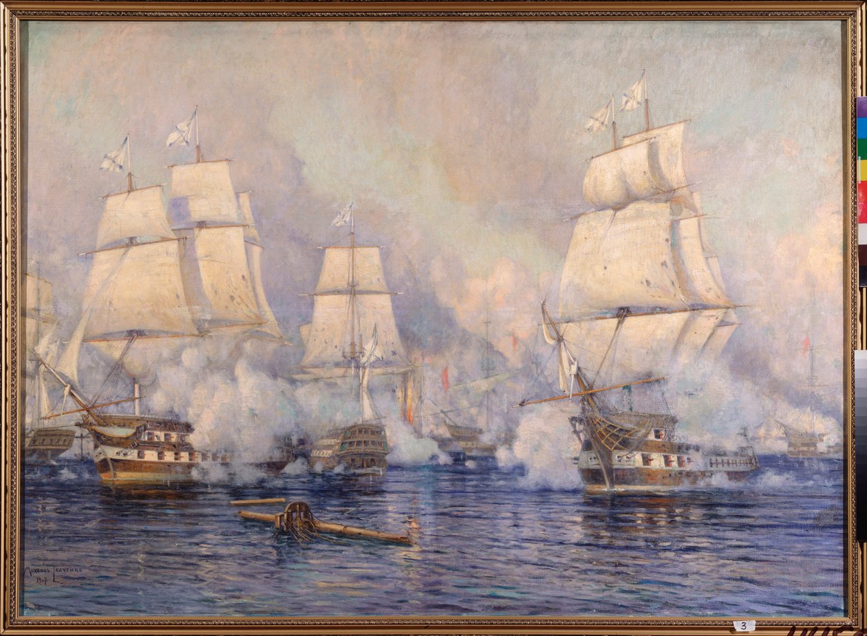 Sjöslaget vid Navarino, den 20 oktober 1827 mellan den osmanska flottan och en fransk-anglo-rysk flotta (avsnitt av det rysk-turkiska kriget 1828-1829 och det grekiska frihetskriget eller den grekiska revolutionen 1821-1830) - ( Sjöslaget vid Na av Mikhail Stepanovich Tkatchenko