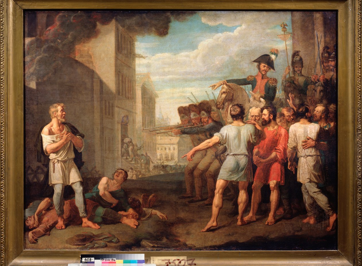 The Execution of the Russians by the French Soldiers on 1812 (Episode of the Napoleon Wars, Russian Campaign) - Målning av Mikhail Tikhonov (1789-1862), olja på duk av Mikhail Tikhonov