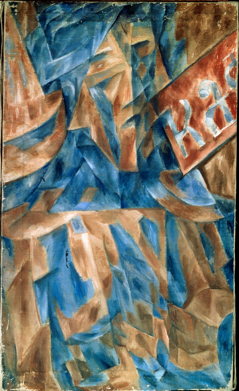 Femme dans un cafe (Lady in a Cafe) - Kubistisk komposition, med en bit av caféets framsida (inskription KA) - Målning av Mikhail Vasilyevich Le Dantyu (1891-1917), olja på duk, omkring 1910 - Rysk konst, före 1900-talets vakt, abstrakt konst - Stat av Mikhail Vasilevich Le Dantu