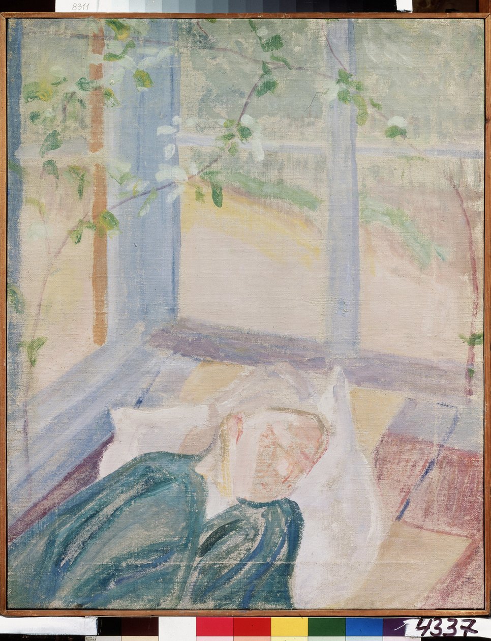 Porträtt av konstnären Elena (Yelena) Guro (1877-1913), hustru till målaren (Porträtt av konstnären Y. Guro, konstnärens hustru). Representerad sova under terrassens fönster, iklädd blus och halsduk. Målning av Mikhail Vasilyevich Mati av Mikhail Vasilievich Matyushin