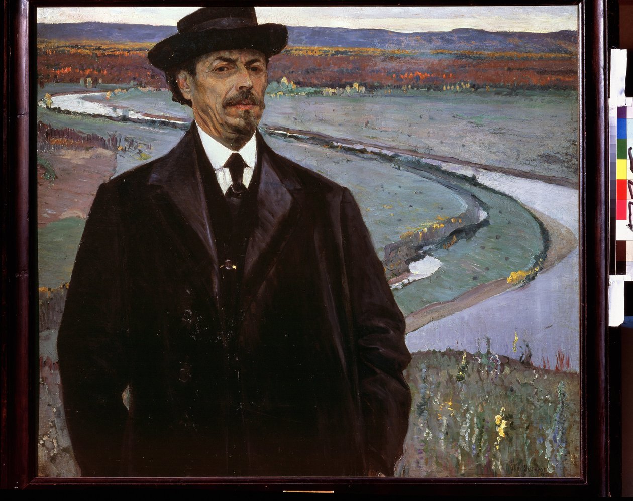 Självporträtt. Målning av Mikhail Vasilyevich (Vasilyevich) Nesterov (1862-1942), olja på trä av Mikhail Vasilievich Nesterov