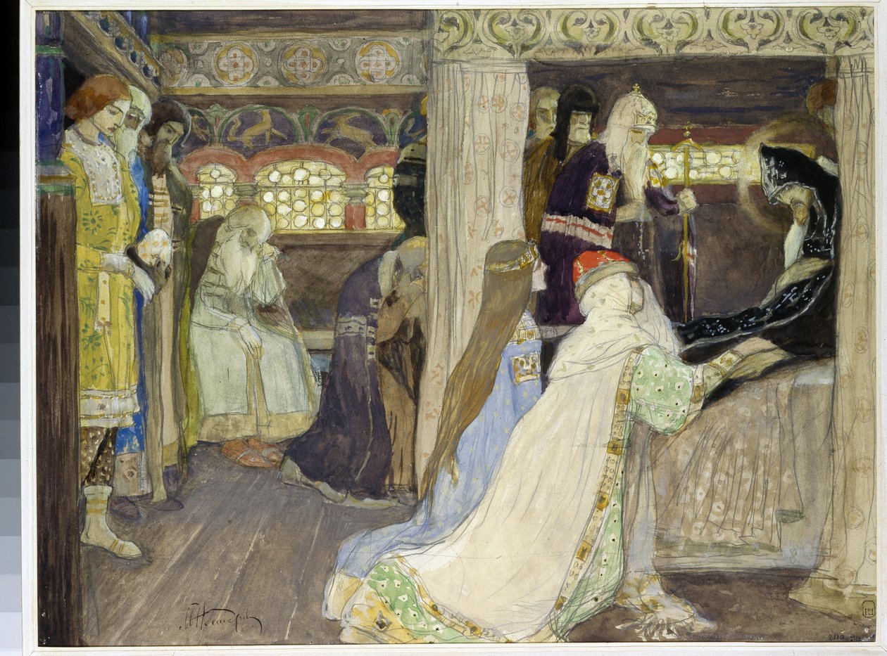 Storhertig Alexander Nevskijs död (1220-1263). (Den storhertig Alexander Nevskijs död). Verk av Mikhail Vasilyevich Nesterov (1862-1942), akvarell och gouache på papper av Mikhail Vasilievich Nesterov