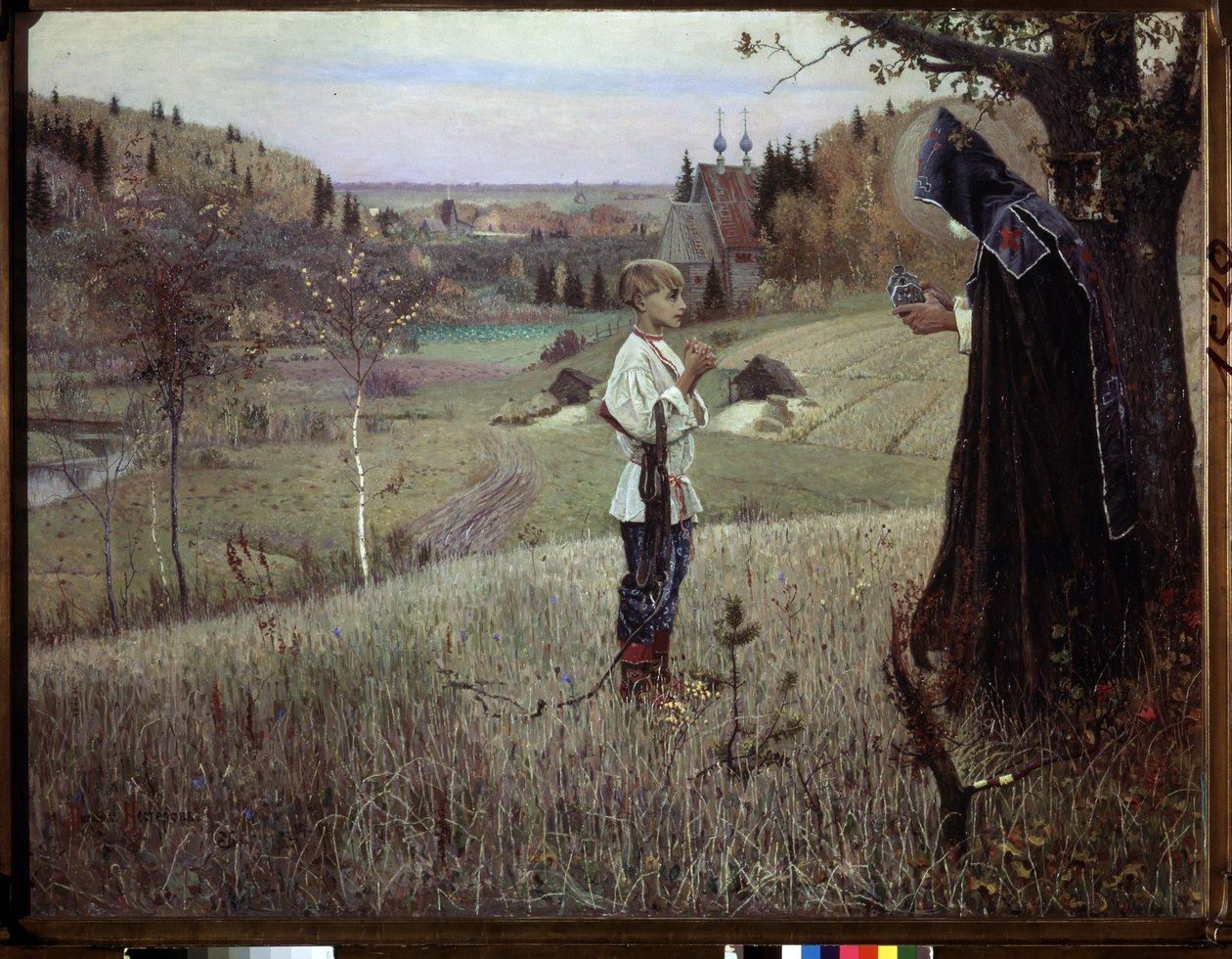Den unge Barthelemys vision. (The Vision of the Youth Bartholomew). Mötet mellan en munk och den unge ryske Barthelemy (som skulle bli Saint Serge de Radonege eller Sergii Radonezhsky eller Sergey Radonezhsky eller Sergius de Radonezhsky, omkring 1313-1392 av Mikhail Vasilievich Nesterov