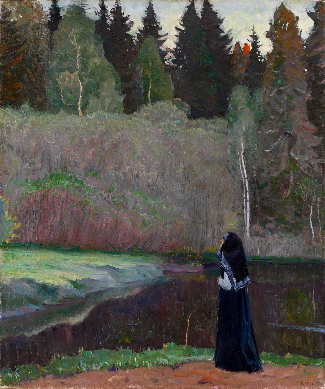""Le chant du rossignol"" (Näktergalen sjunger) En nunna som lyssnar på fågelsång - Målning av Mikhail Vasilyevich Nesterov (1862-1942) 1918 Dim 81x68,5 cm Privat samling av Mikhail Vasilievich Nesterov