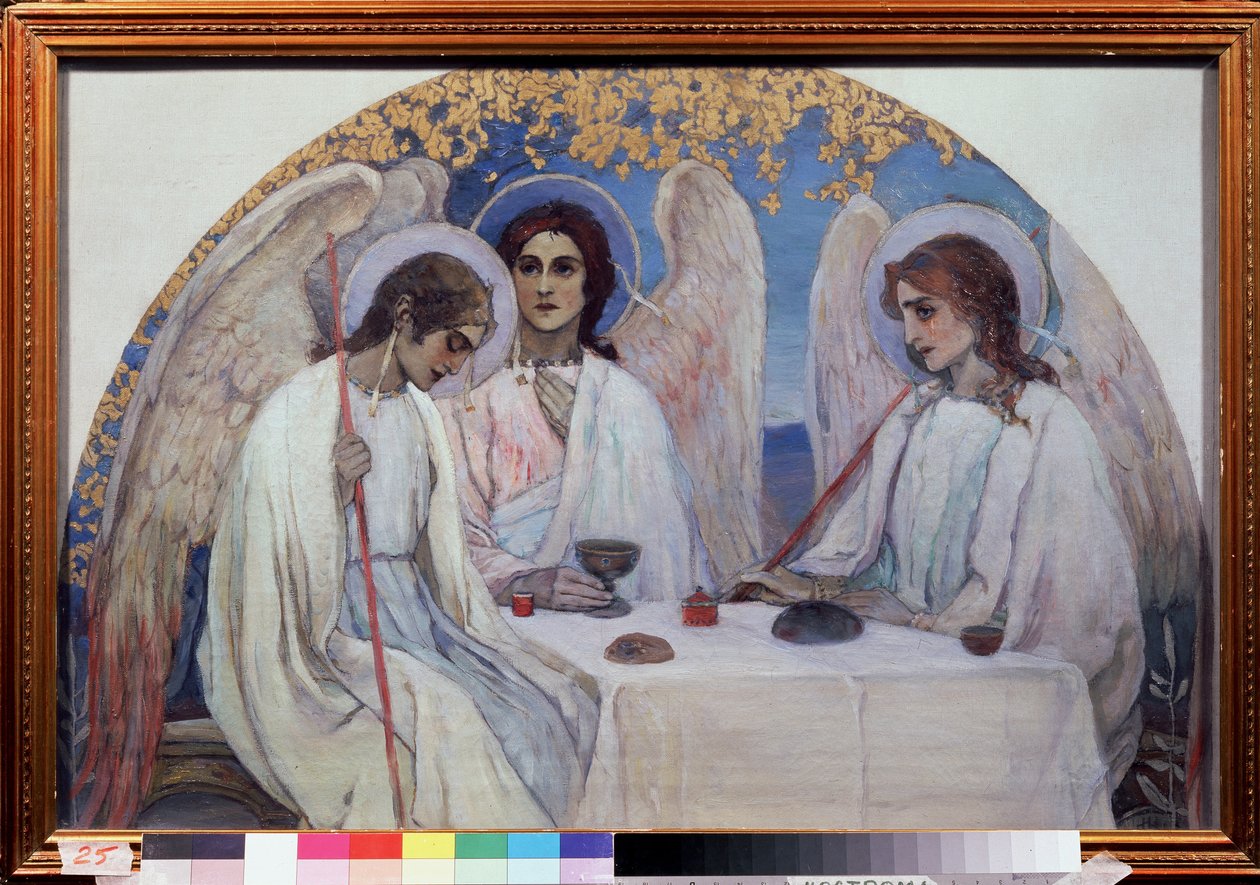Abrahams gästfrihet. Gamla testamentets treenighet. Representation av de tre änglarna som visade sig för Abraham nära Chene de Mambre. (Abrahams gästfrihet (Gamla testamentets treenighet). Målning av Mikhail Vasilyevich Nesterov (1862-1942), olja på duk. av Mikhail Vasilievich Nesterov