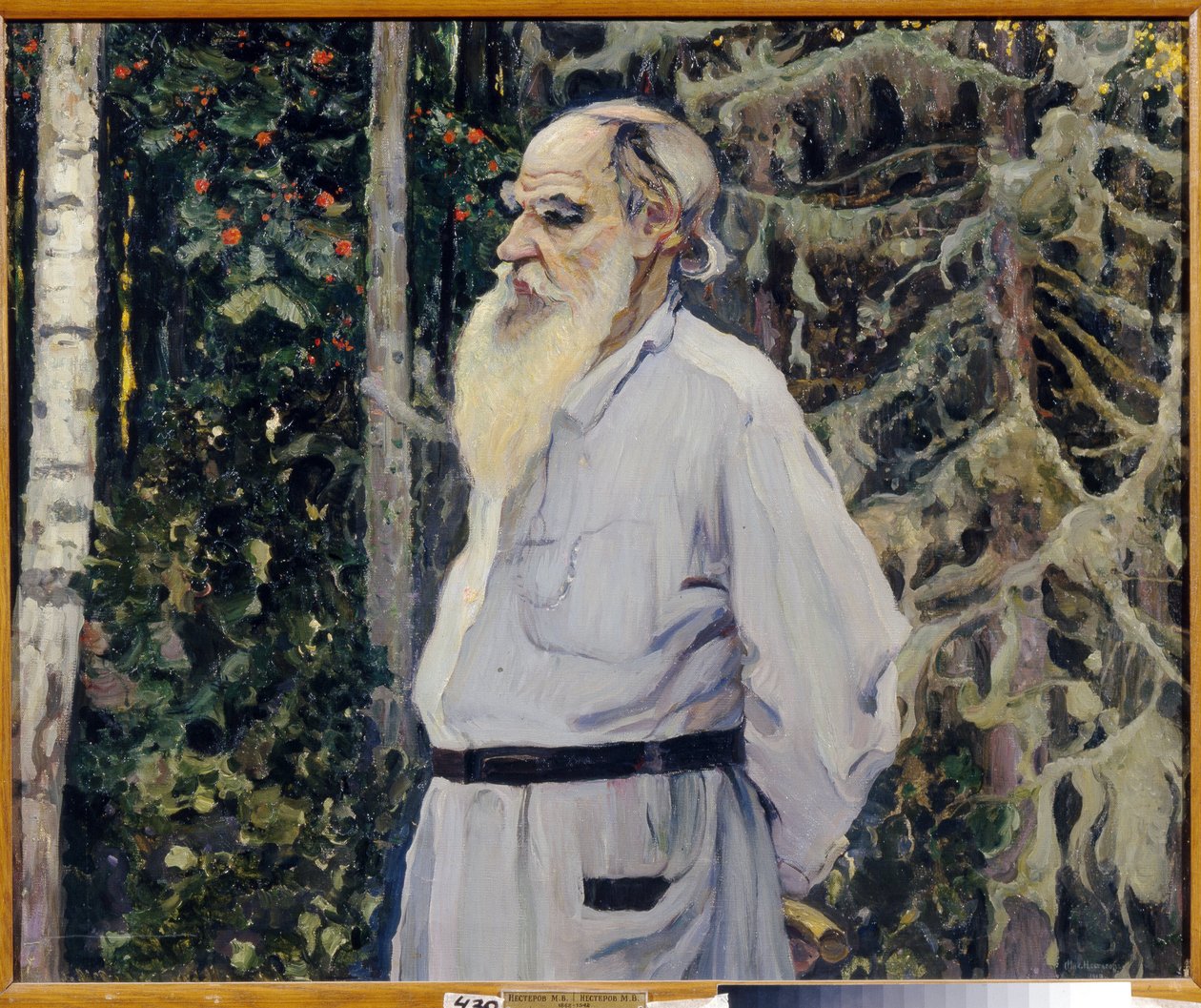 Porträtt av författaren Leon N. Tolstoy (1828-1910) (Porträtt av författaren Leo N. Tolstoy). Målning av Mikhail Vasilyevich Nesterov (1862-1942), olja på duk av Mikhail Vasilievich Nesterov