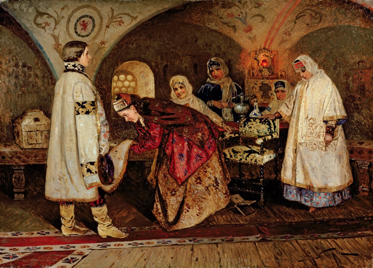 Tsar Alexei Mikhailovich (1629-76) möter sin brud, Maria Miloslavasky, 1887 av Mikhail Vasilievich Nesterov
