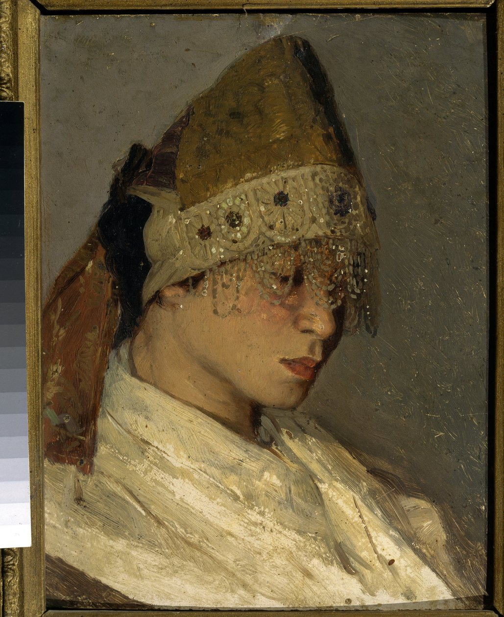 En tjej som bär en Kokochnik (A Girl With Kokoshnik). Traditionell hög huvudbonad av ryska kvinnor, bunden på baksidan med band, framsidan är dekorerad med pärlor och broderier. Målning av Mikhail Vasilyevich Nesterov (1862-1942), olja på trä av Mikhail Vasilievich Nesterov