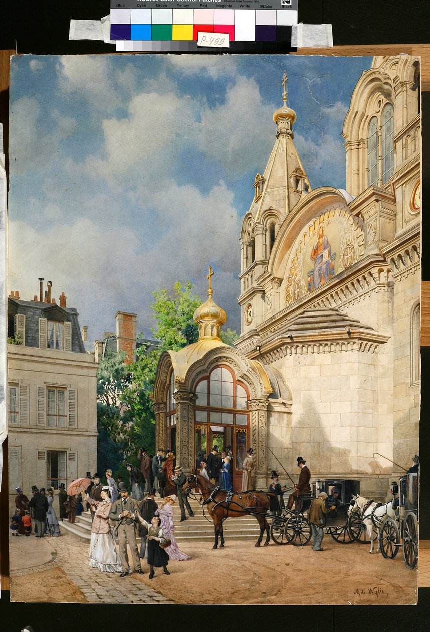 Människor som lämnar en ortodox kyrka - Konstverk av Mikhail Yakovlevich Villie (1838-1910) av Mikhail Yakovlevich Villie