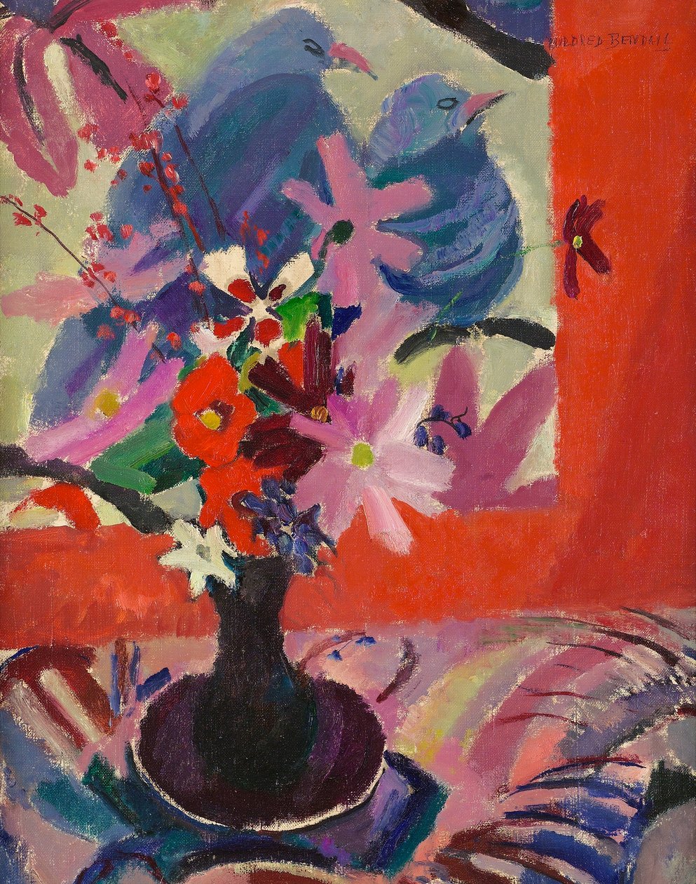 Blommor med fåglar, c.1926 av Mildred Bendall