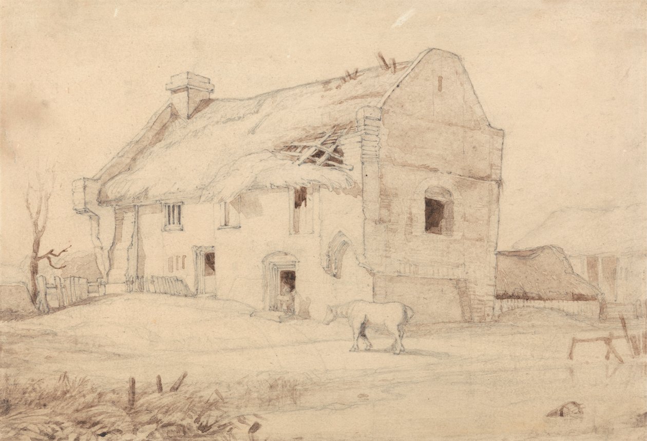 Stuga med betande hästar av Miles Edmund Cotman