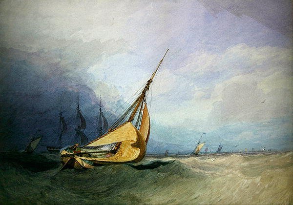 Havslandskap med båtar (akvarell på papper) av Miles Edmund Cotman