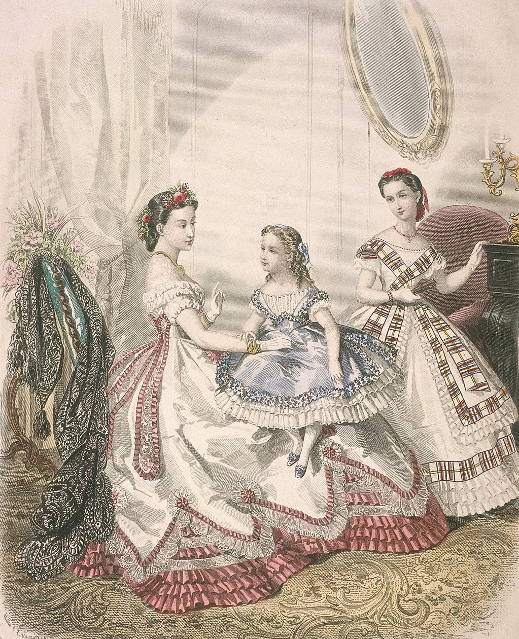 Två kvinnor och en liten flicka som bär det senaste inomhusmodet, c1860 av Millia Lacouriere