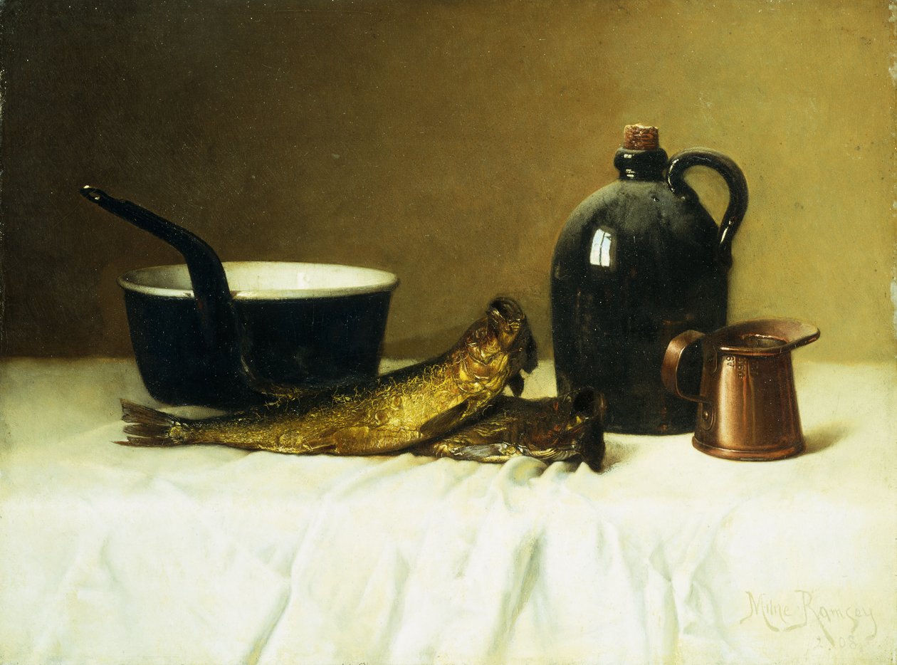 Stilleben med sill, kruka, kanna och mått, 1908 av Milne Ramsey