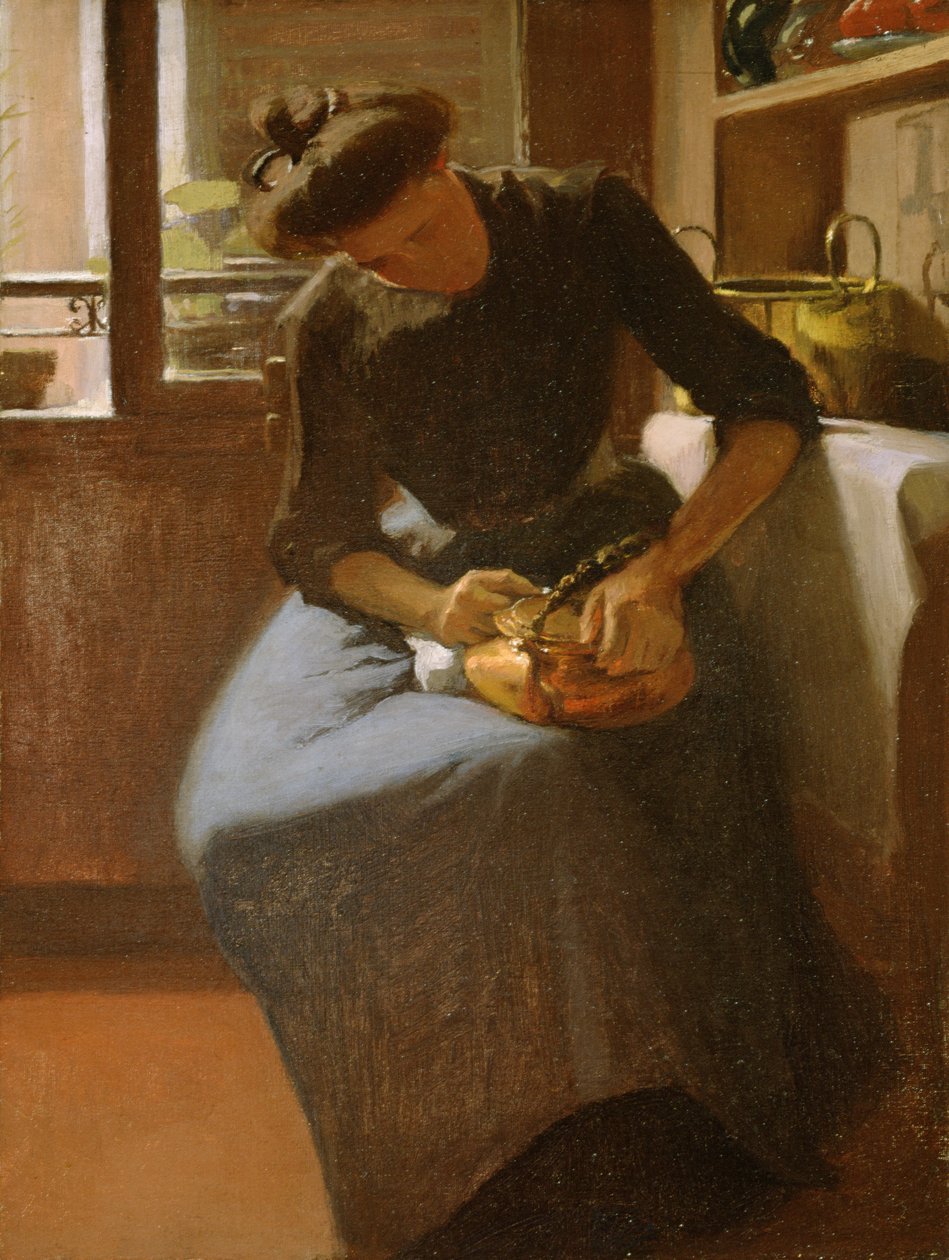 Kvinna som polerar en vattenkokare, ca 1912 (olja på duk) av Minerva Josephine Chapman