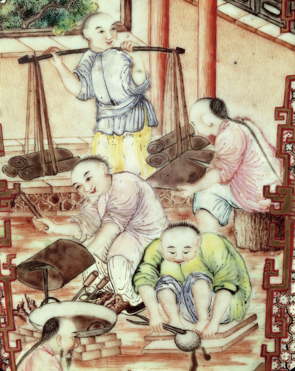 Detalj från en vas föreställande hantverkare av Ming Dynasty Chinese School