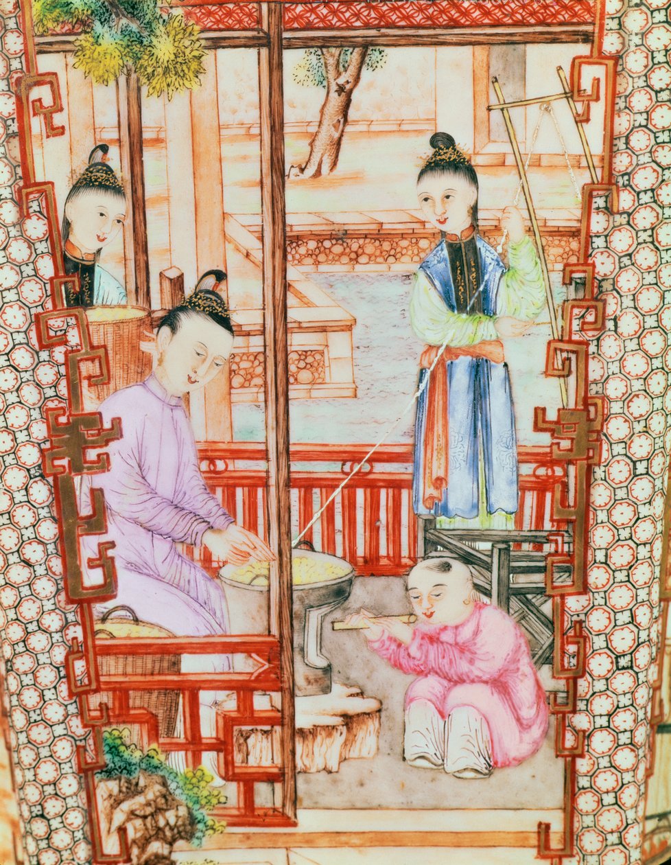 Detalj från en vas föreställande kvinnor som spinner siden av Ming Dynasty Chinese School
