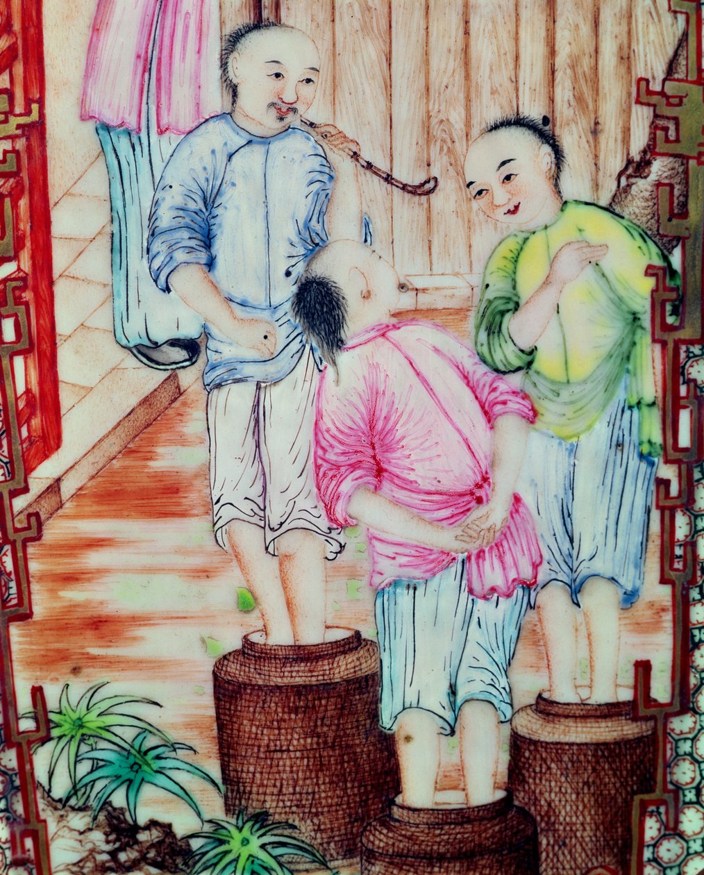 Detalj från en vas föreställande män som packar te av Ming Dynasty Chinese School