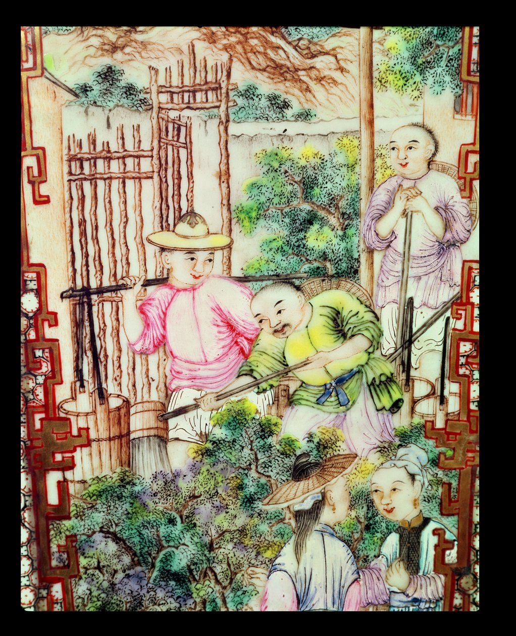 Detalj av en vas med män som vattnar teväxter av Ming Dynasty Chinese School