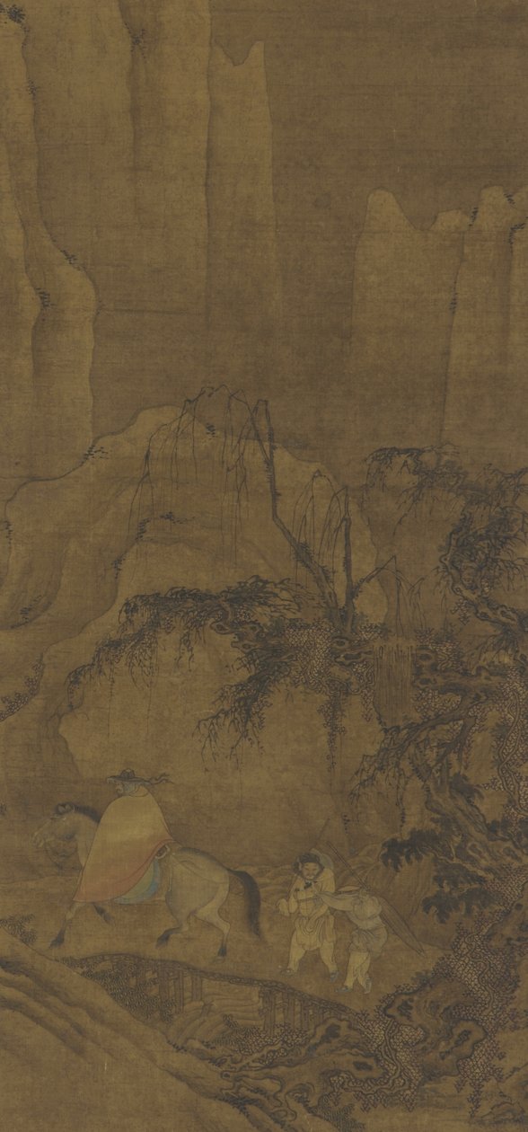 En resenär till häst med skötare av Ming Dynasty Chinese School