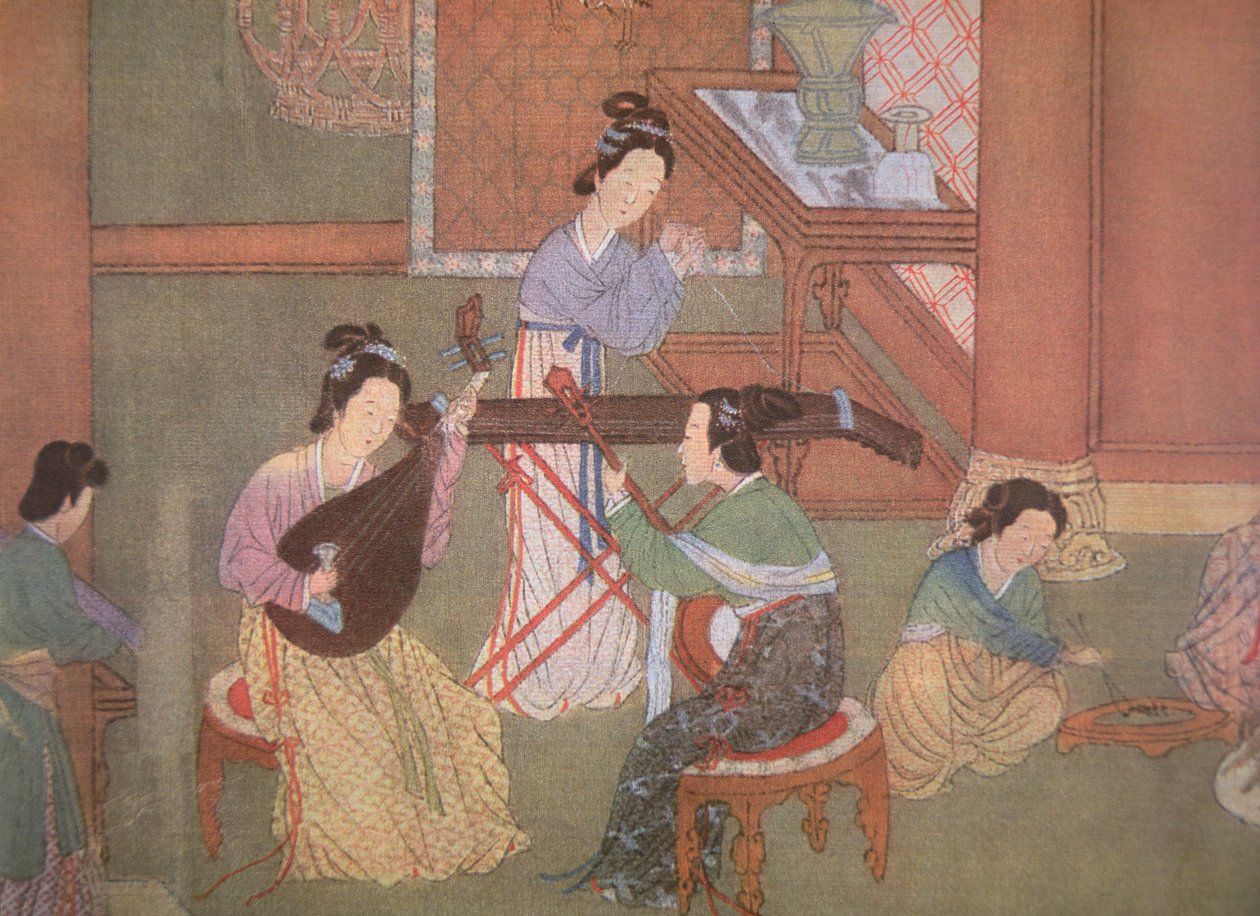 Kinesisk lut, mångtarr och bordscittra (målning på siden) av Ming Dynasty Chinese School