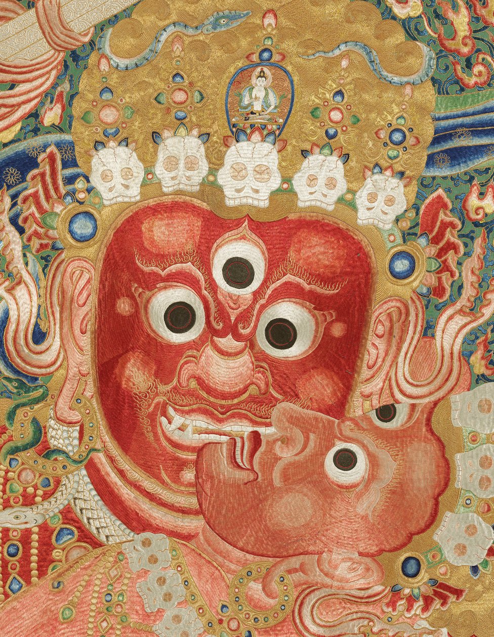 Detalj av kejserlig broderad siden-thangka av Ming Dynasty Chinese School