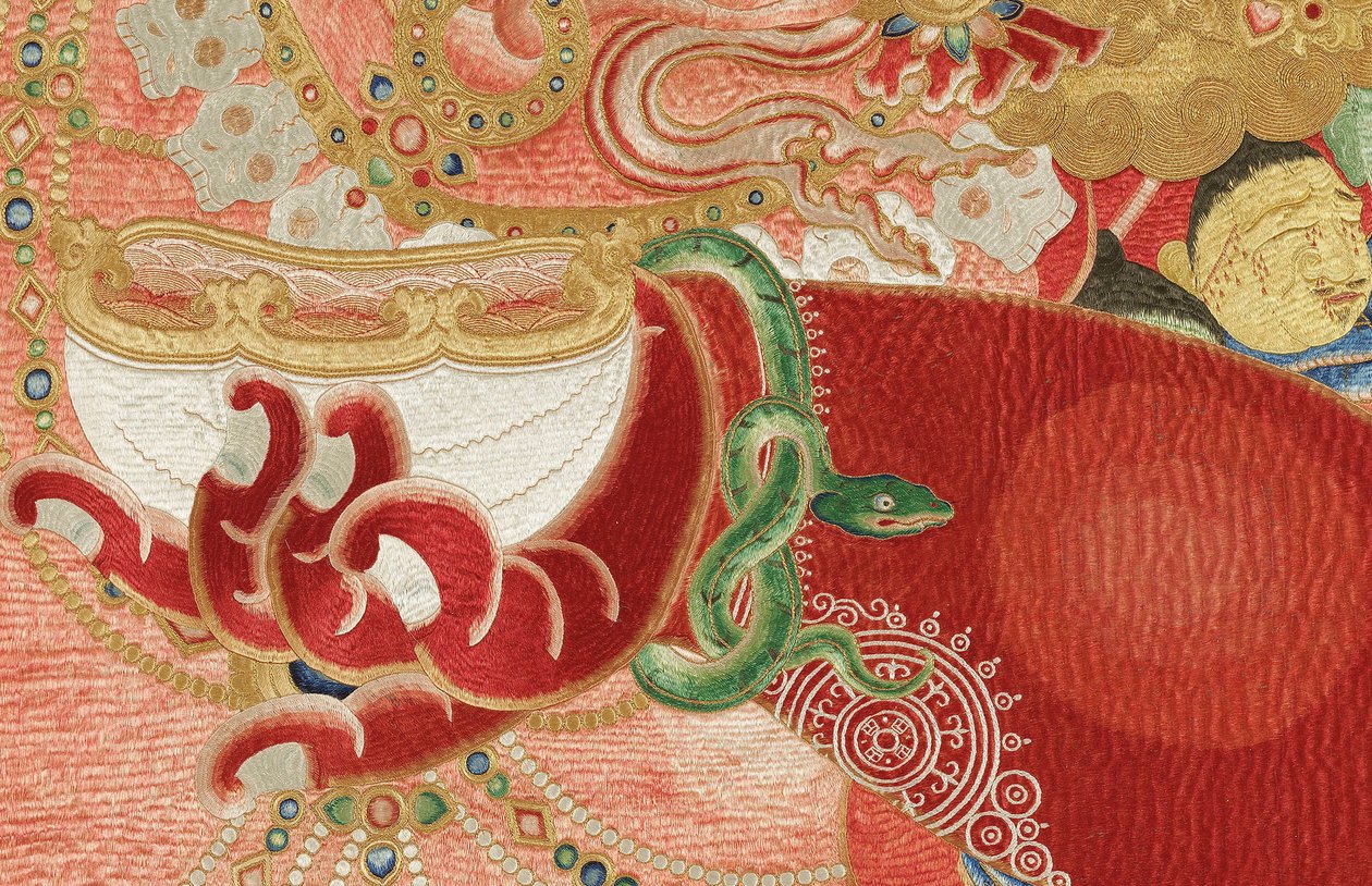 Detalj av kejserlig broderad siden-thangka av Ming Dynasty Chinese School