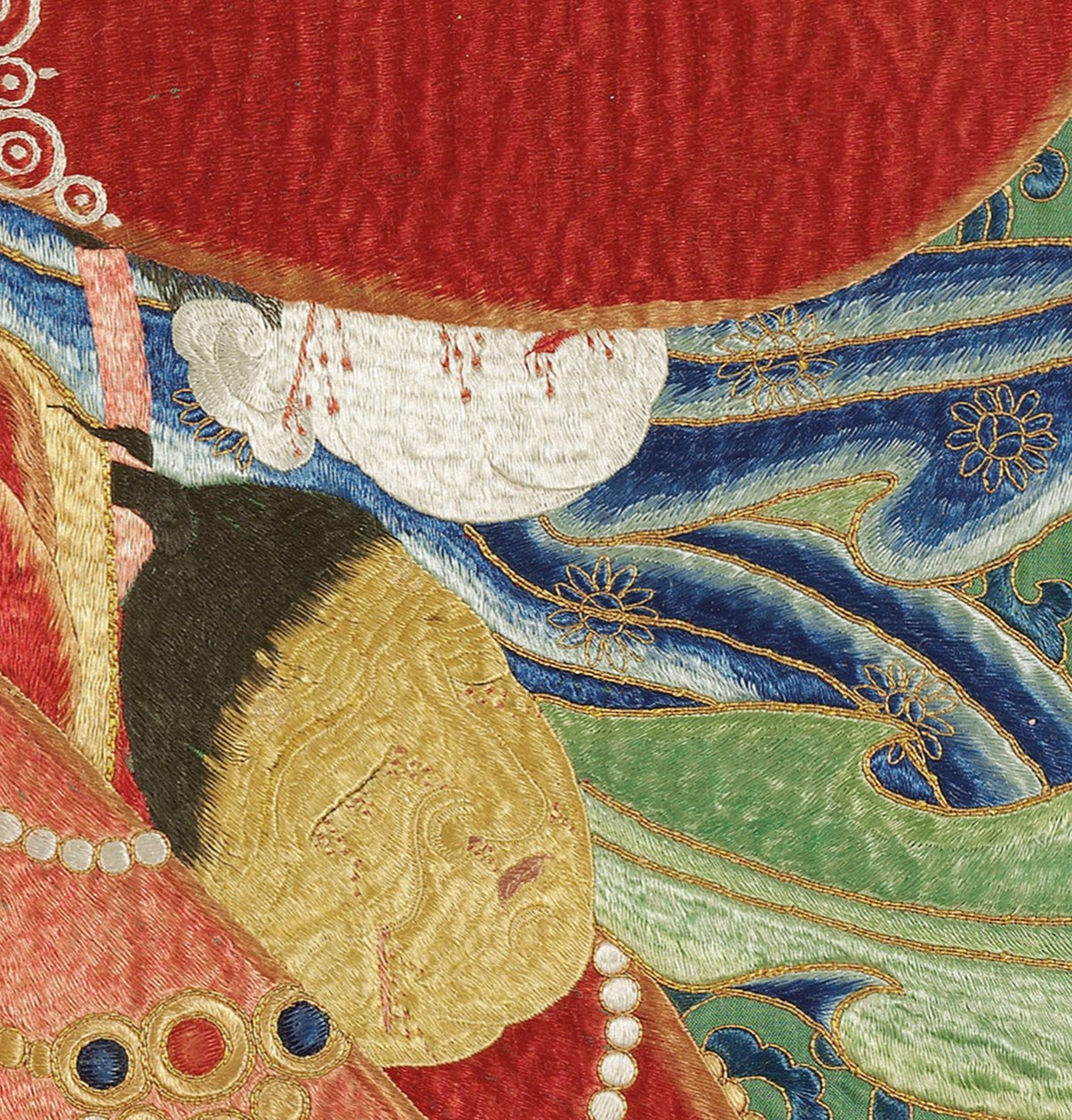 Detalj av kejserlig broderad siden-thangka av Ming Dynasty Chinese School