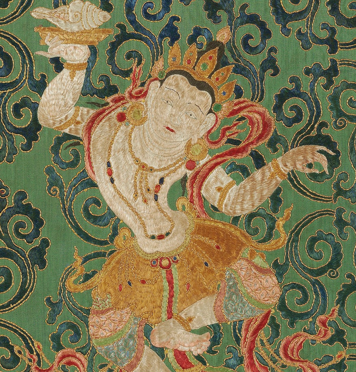 Detalj av kejserlig broderad siden-thangka av Ming Dynasty Chinese School