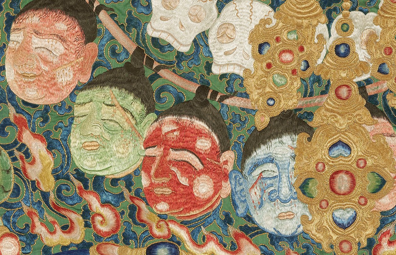Detalj av kejserlig broderad siden-thangka av Ming Dynasty Chinese School