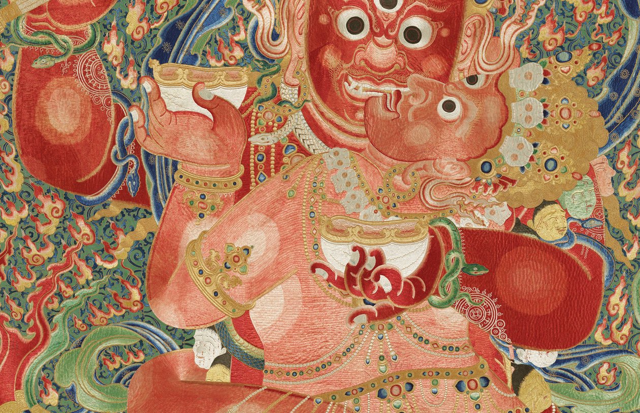 Detalj av kejserlig broderad siden-thangka av Ming Dynasty Chinese School