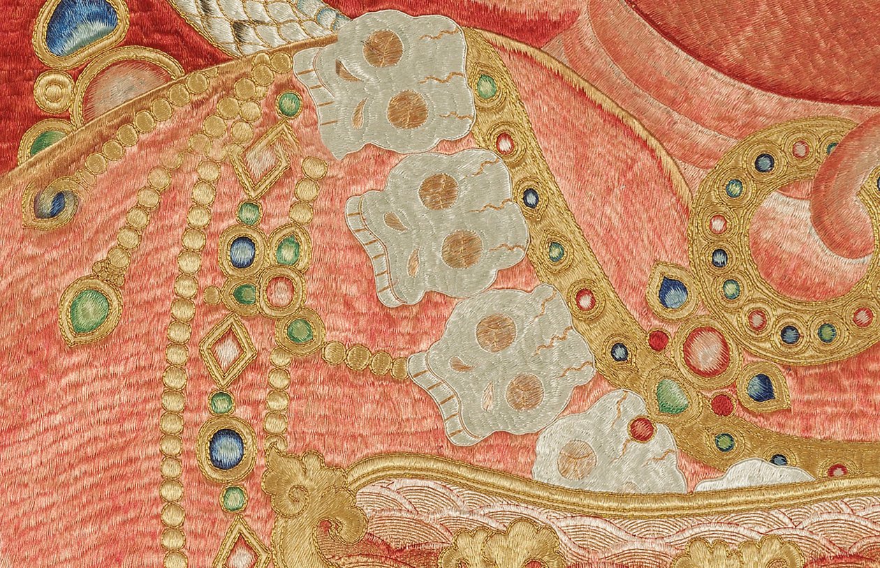 Detalj av kejserlig broderad siden-thangka av Ming Dynasty Chinese School
