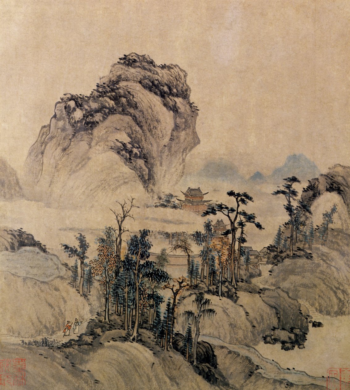 Bergsutsikt (bläck, tvätt och färg på papper) av Ming Dynasty Chinese School