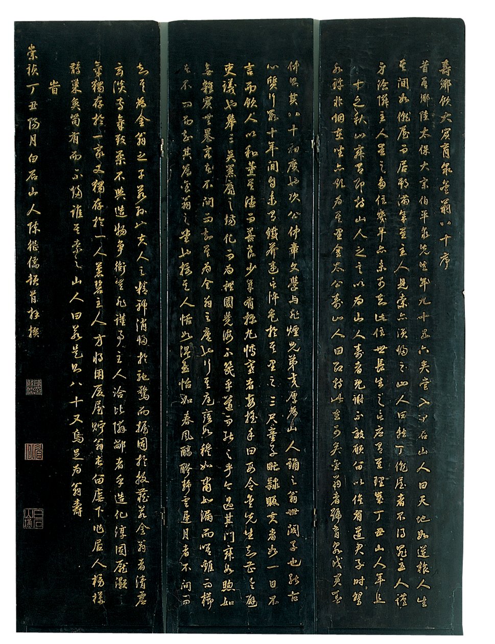 Tre paneler av en tolvpanels coromandelskärm, Weiping av Ming Dynasty Chinese School