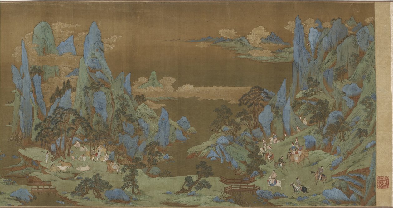 Resenärer i Springtime Mountains, 1500-1600-talet av Ming Dynasty Chinese School