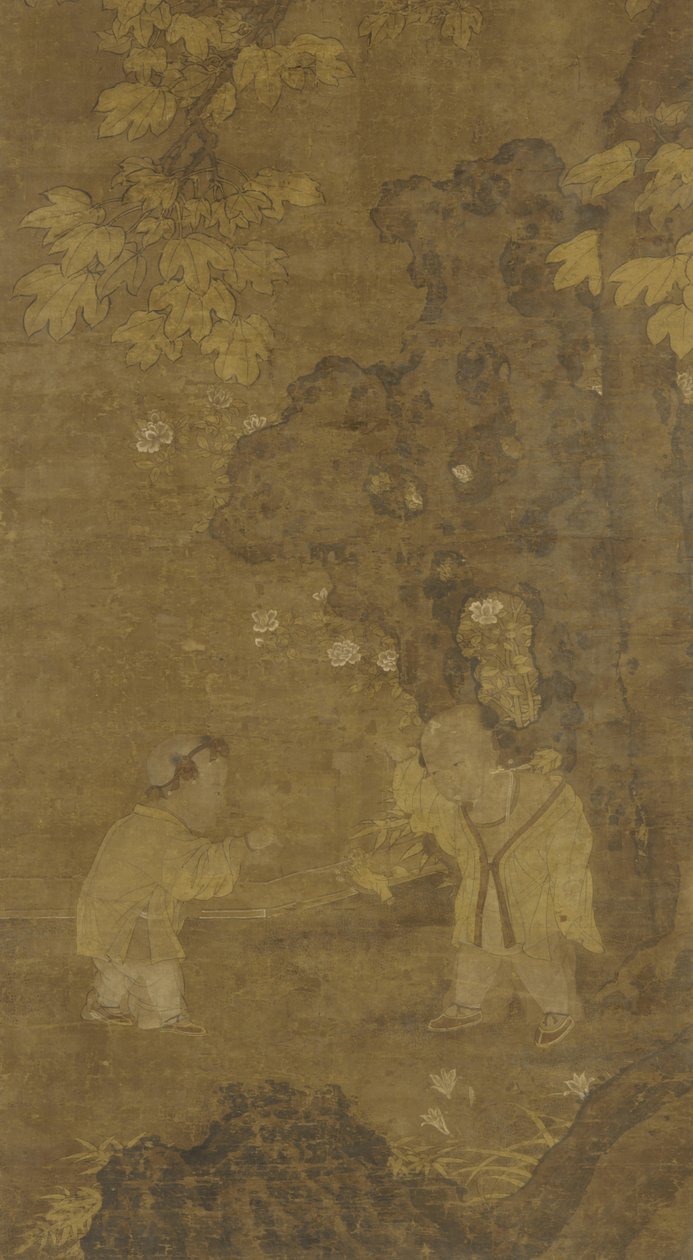 Två pojkar som leker med dockan av ett lejon, 1400-1500-talet av Ming Dynasty Chinese School