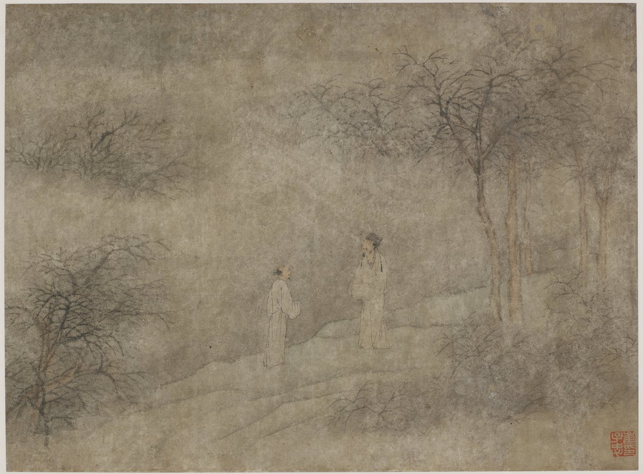 Två män som går i dimmig lund (bläck och färg på papper) av Ming Dynasty Chinese School