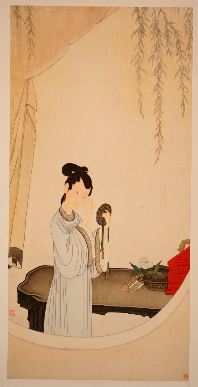 A Lady Gazing in the Mirror (hängande rulla, bläck och färg på siden) av Ming Yu