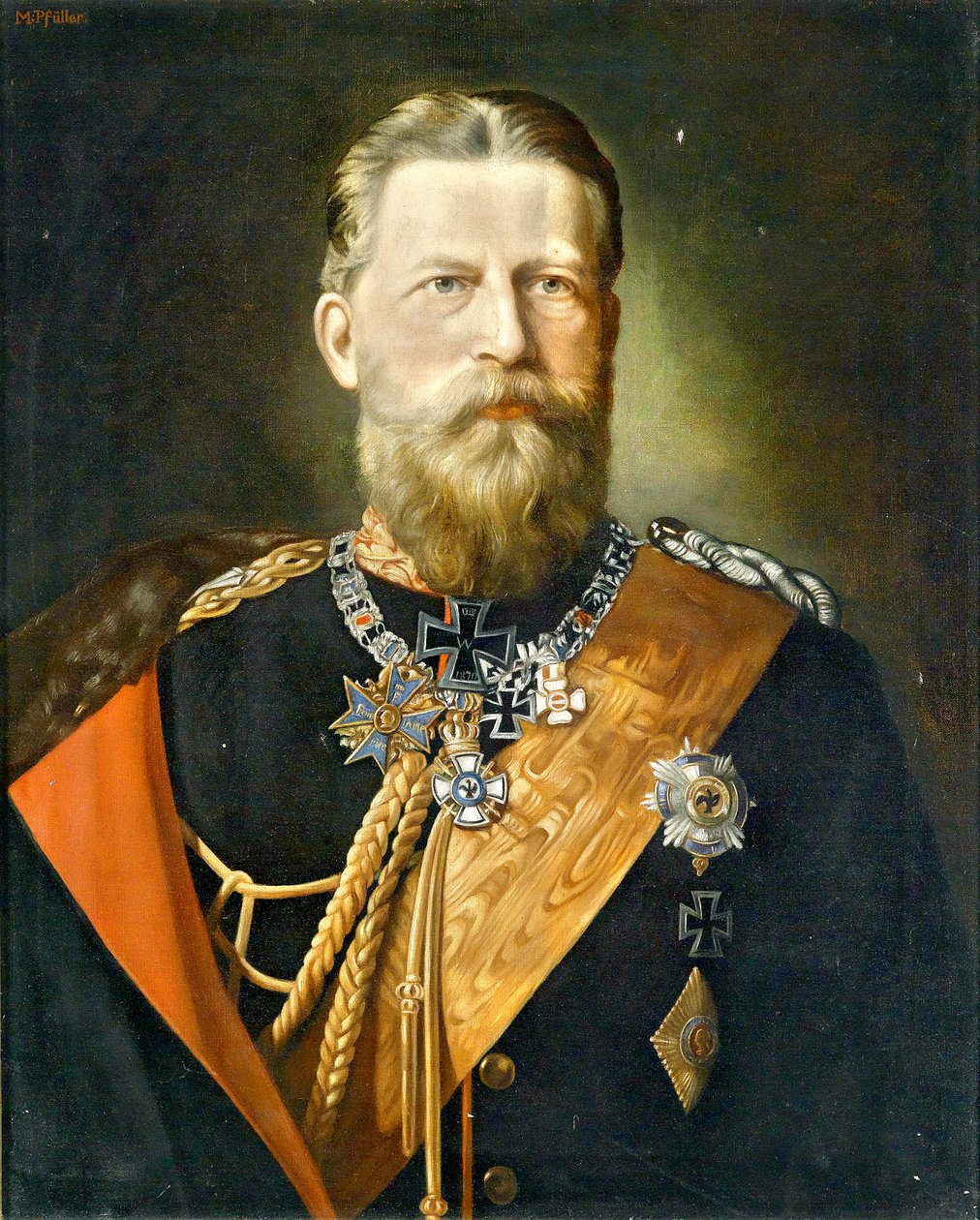 Kejsar Friedrich III, kung av Preussen; Porträtt i fältmarskalkuniform med medaljer av Minna Pfüller