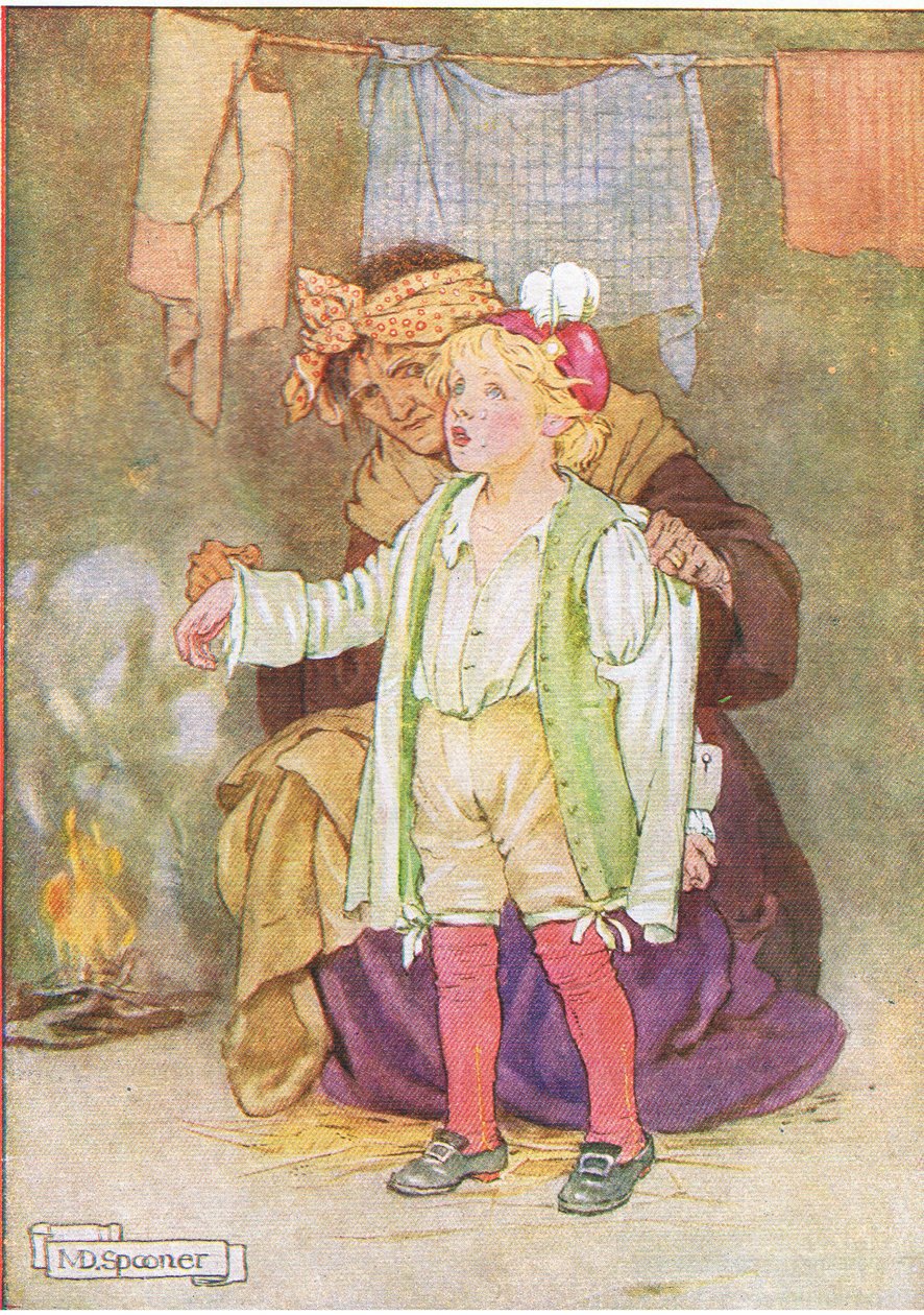 De tog av honom sammet och fjädrar och spetsar (från berättelsen Edwy and the Echo), illustration från A Staircase of Stories publicerad av Thomas Nelson & Sons Ltd 1940-talet (litho i färg) av Minnie Didbin Spooner